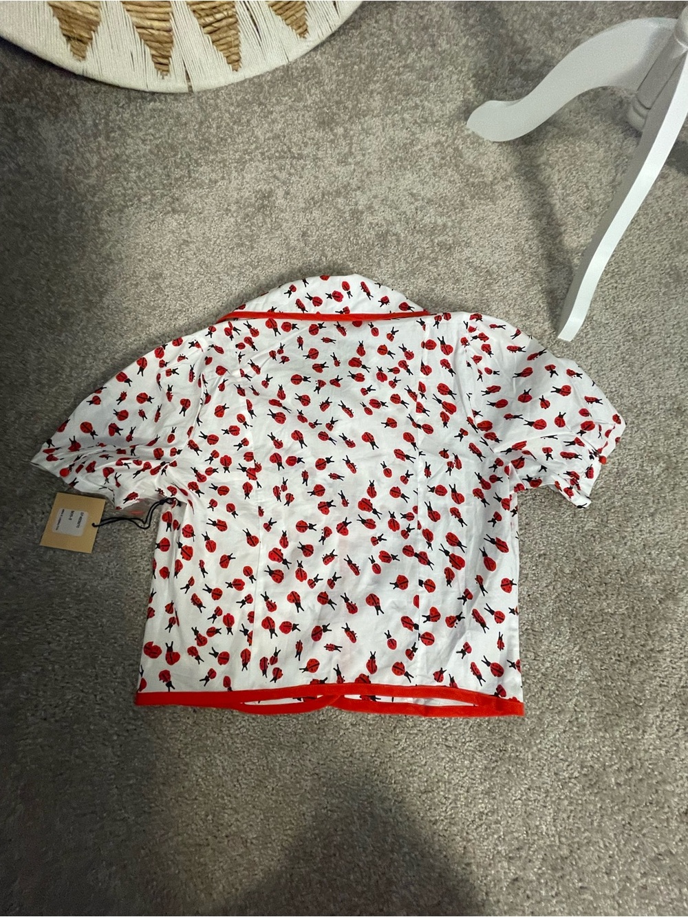 Red Ladybug Print Button-Up Crop Top - Picture 2 of 9